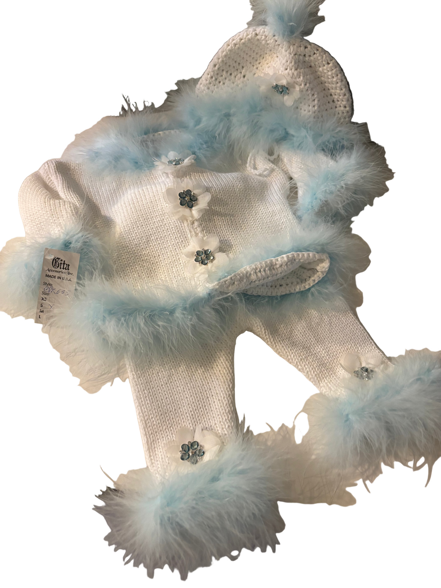 White Knit Set with Blue Marabou & Crystal Flowers