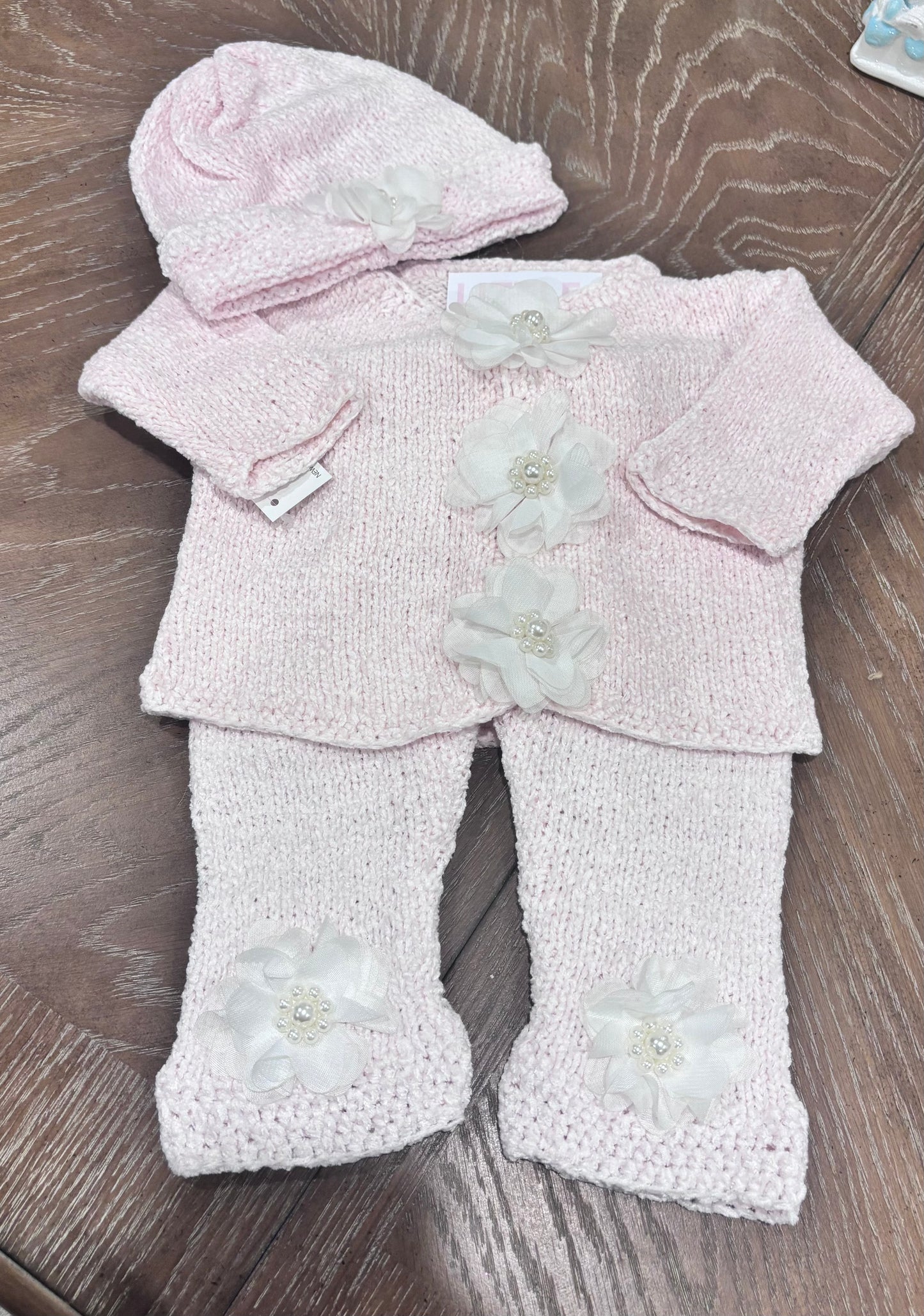 Pink Chenille Sweater Set with Pearl Flowers