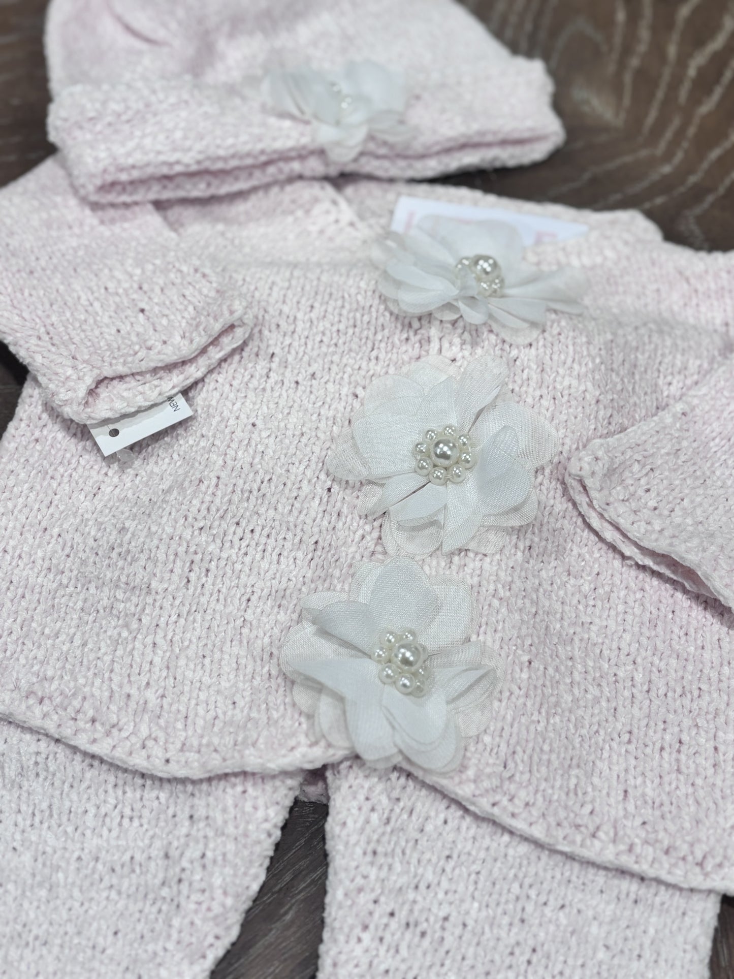 Pink Chenille Sweater Set with Pearl Flowers