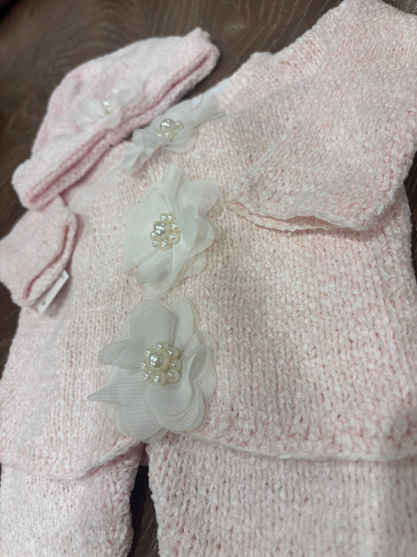 Pink Chenille Sweater Set with Pearl Flowers