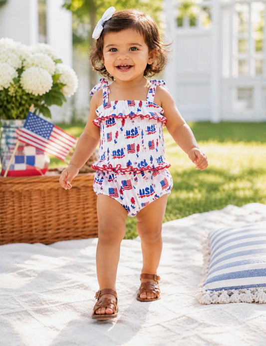 Muslin Smocked Ruffle Top & Bloomer, 4th of July