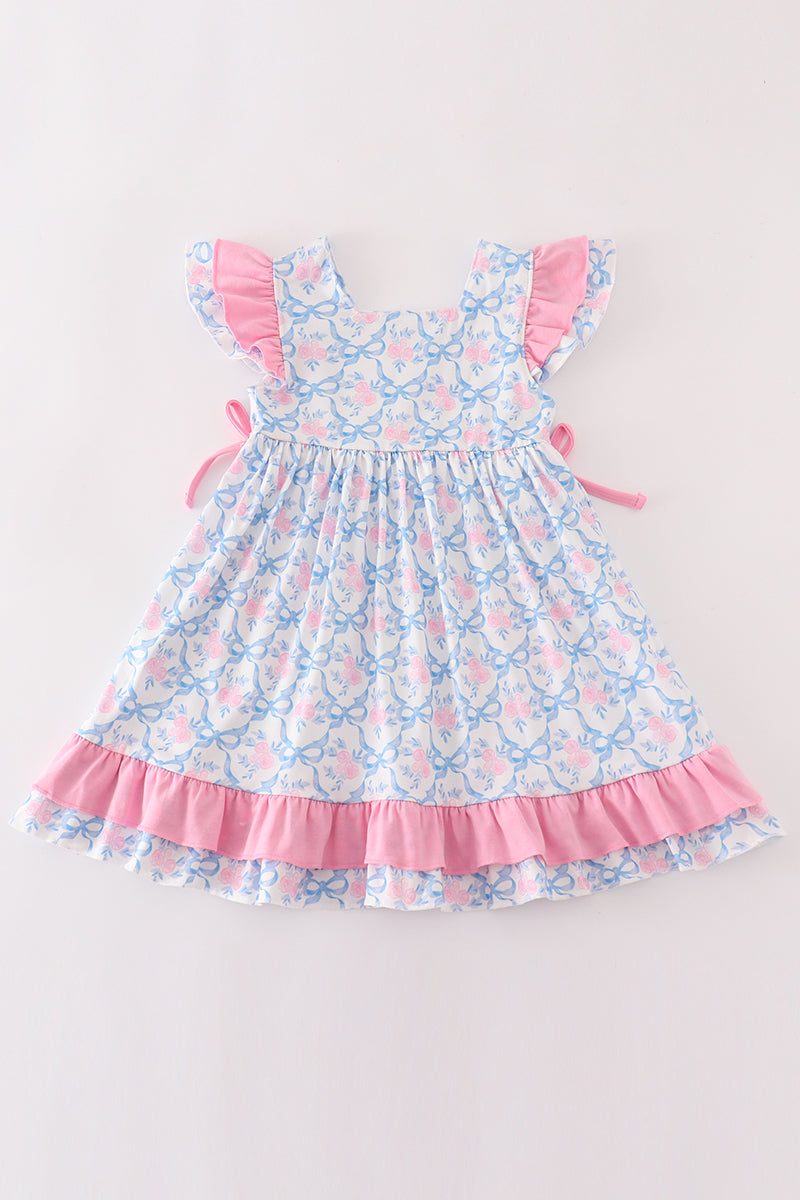 Pink bow print ruffle dress