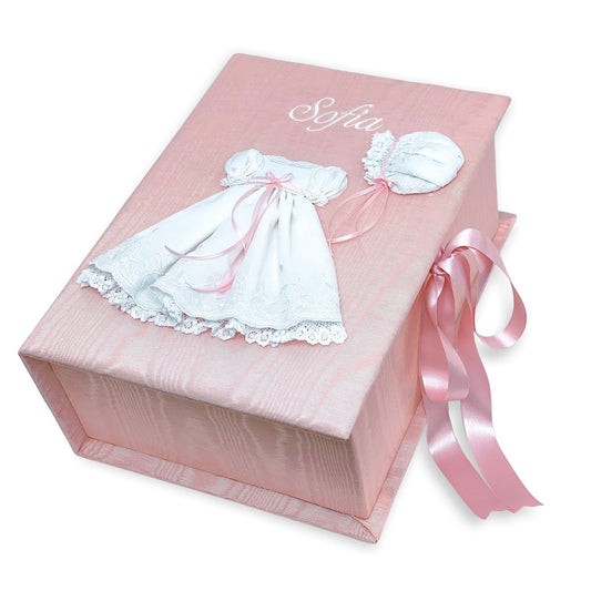 Baby Keepsake Box in Moire Fabric with Swiss Batiste Dress