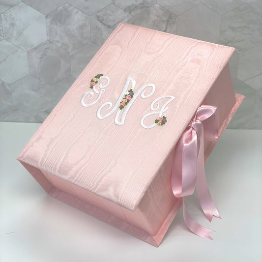 Baby Keepsake box in Moire Fabric with Silk Ribbon Flowers