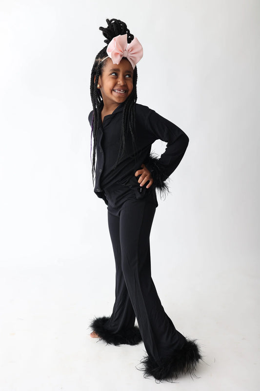 Girls Black Feathered Flare PJ Set