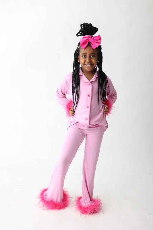 Girls Pink Feathered Flare PJ Set