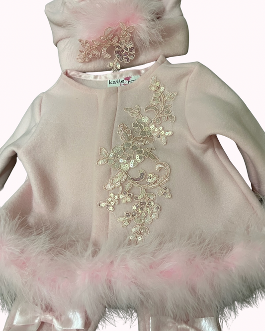 Pink Pants Set with Marabou Trim