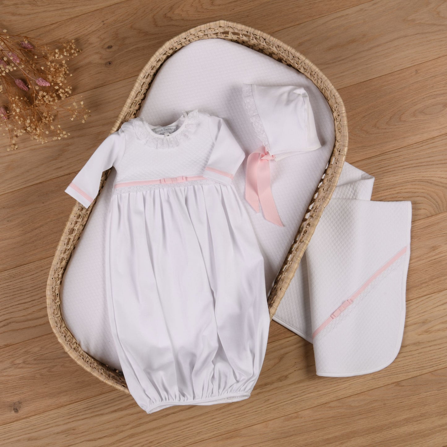 ANDREA | Girls White & Pink Quilted Cotton Gown Set (2)