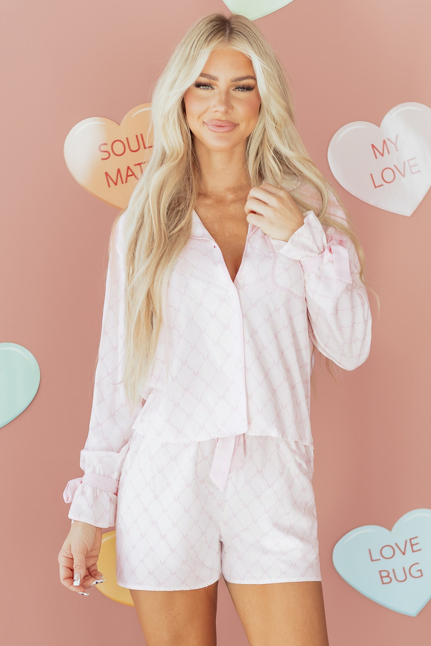 Pink Bow Lattice Print Bow Ties Pajama Set