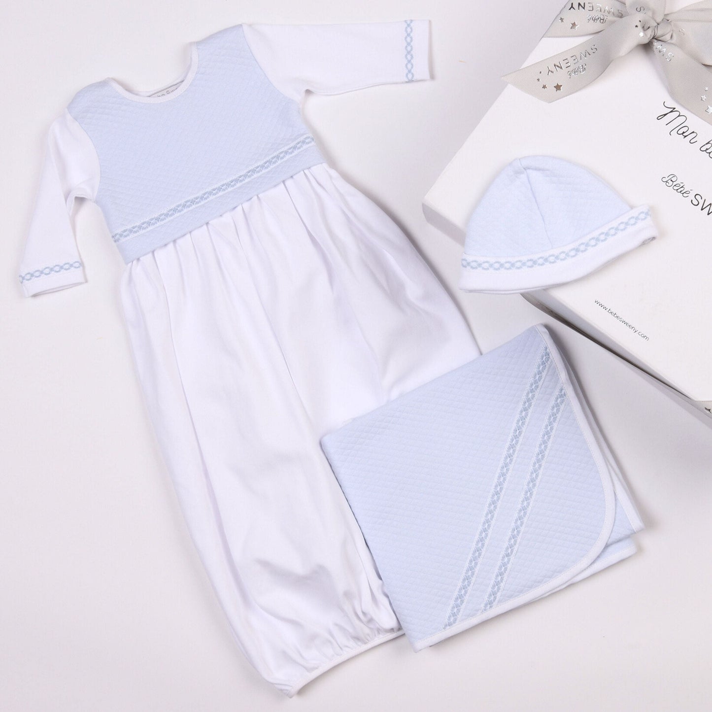Boys White & Blue Quilted Cotton Gown