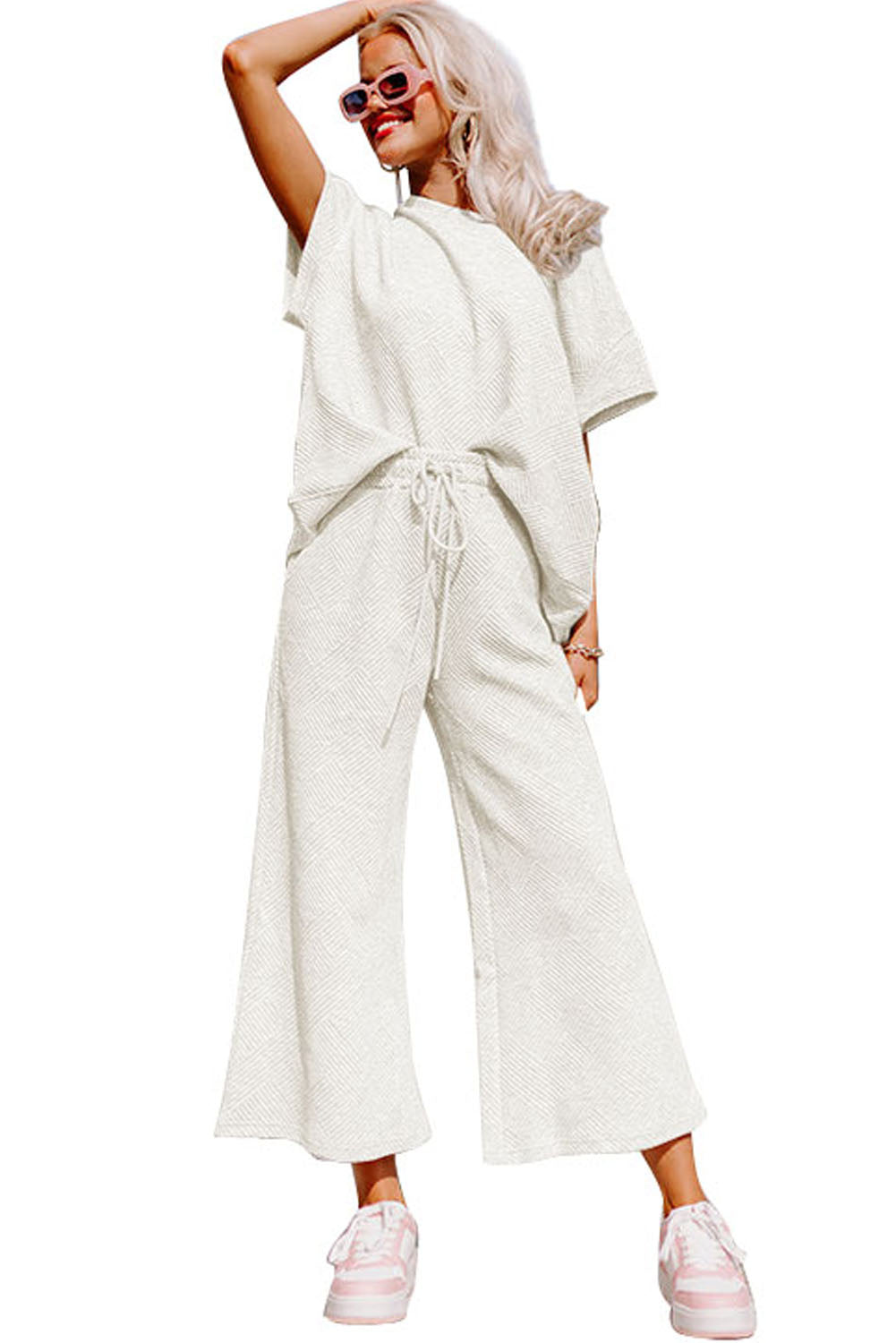 White Textured Loose Fit T Shirt and Drawstring Pants Set