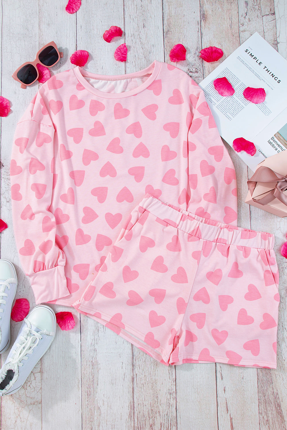 Pink Heart Shape Print Long Sleeve Top Shorts Lounge Set