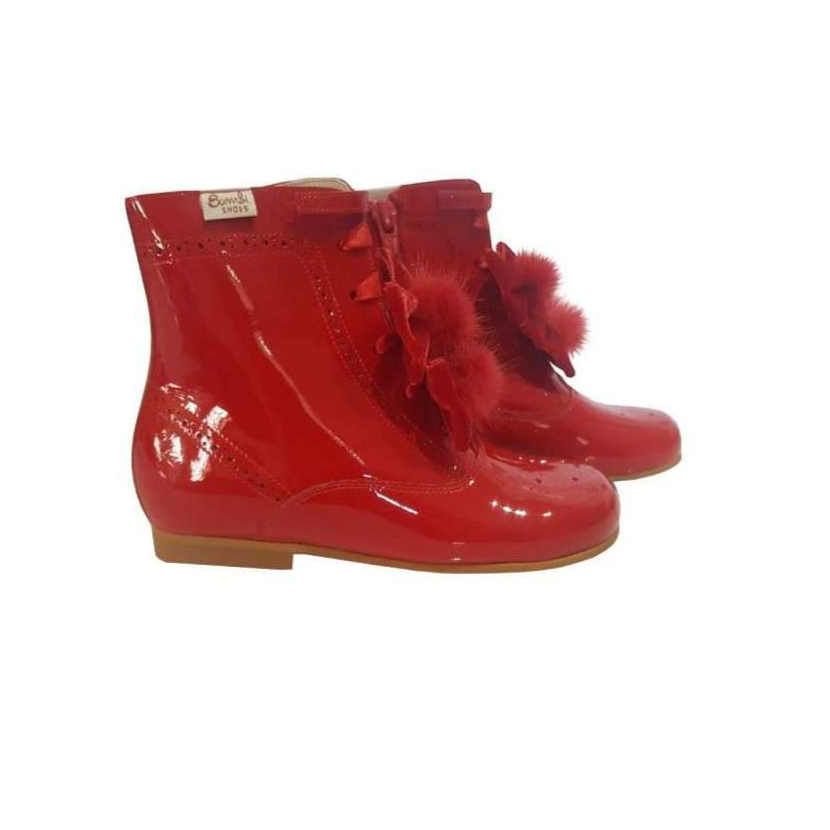 Red Patent Boots with Double Bow & Pom